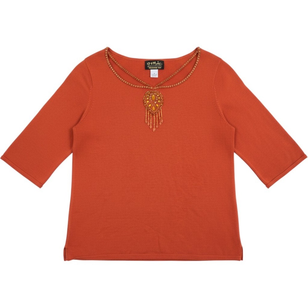 Bob Mackie Wearable Art Top Womens 1X Orange Beaded Medallion Excellent Knit